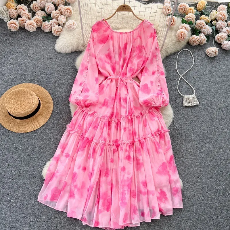 X732 femmes taille haute  fleuri en mousseline de soie robe à manches longues décontracté vacances Style taille unique